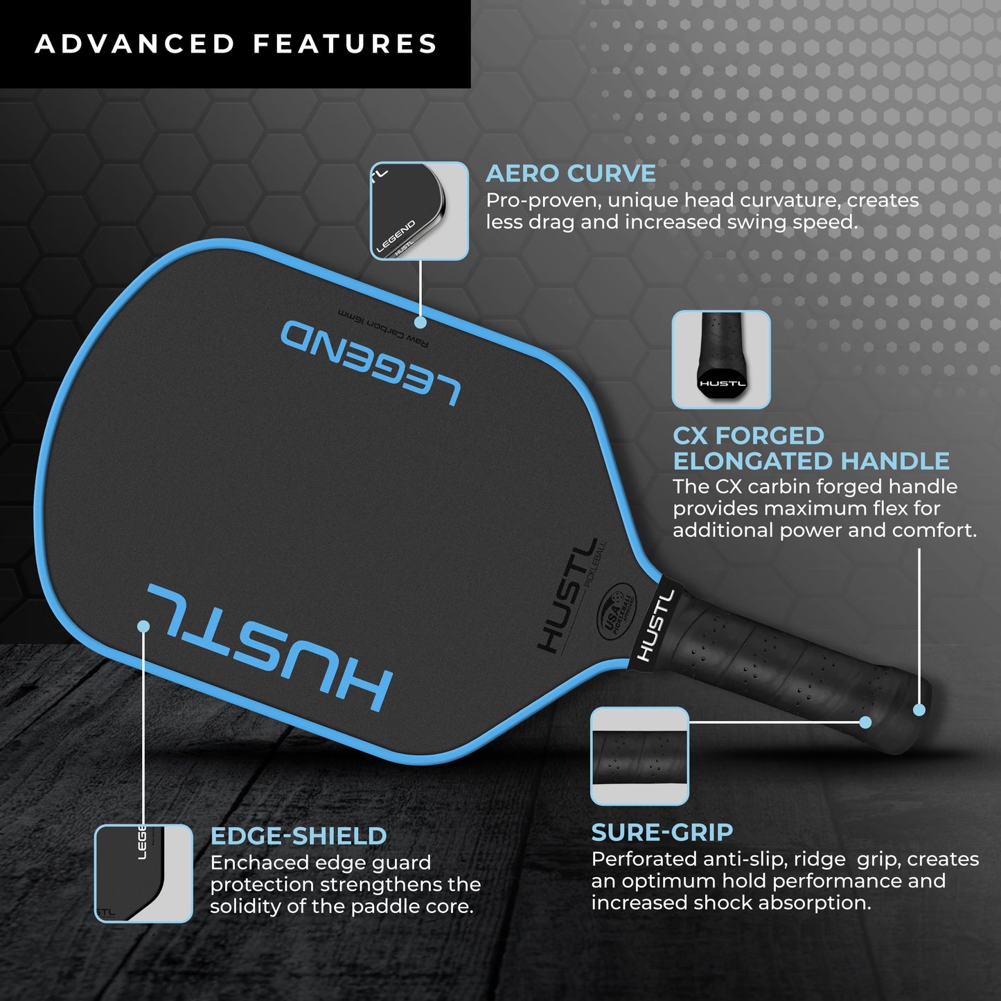 HUSTL Legend Raw Carbon 16mm BLUE EDGE, Includes FREE Cover, Cap & Eraser